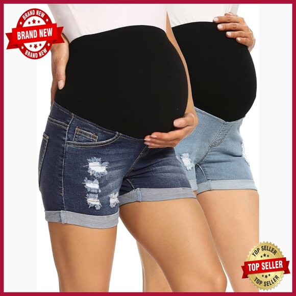 Maternity Denim Shorts High Waist Distressed Cuffed Hem Casual